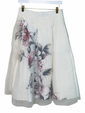 White House Black Market White Floral A-Line Midi Skirt